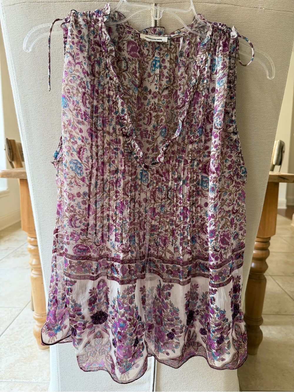 Zadig & Voltaire Purple Cream Floral Pintuck top - Picture 3 of 7